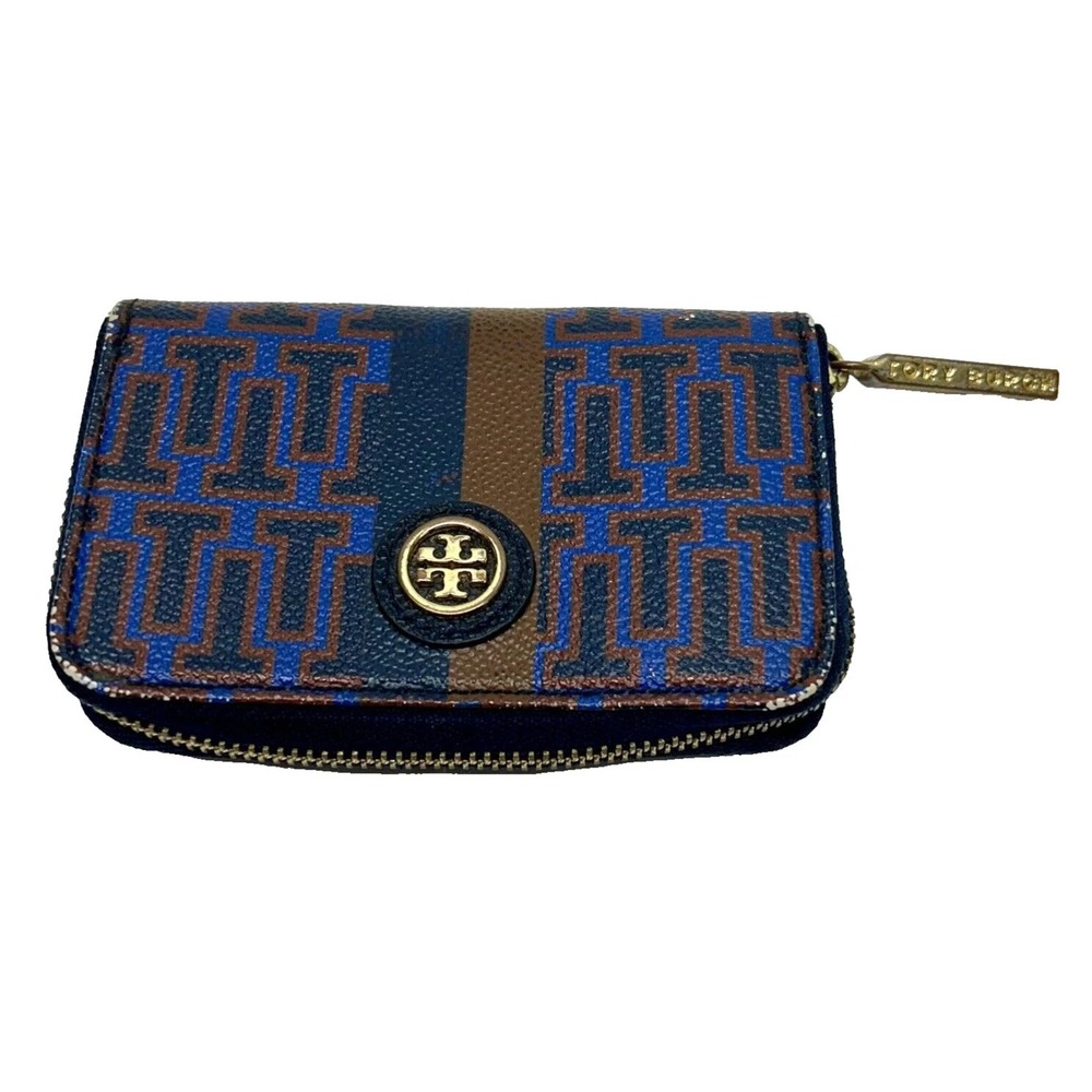 Tori Burch Blue/Brown Logo Zip Around Coin Purse Wallet (A5)